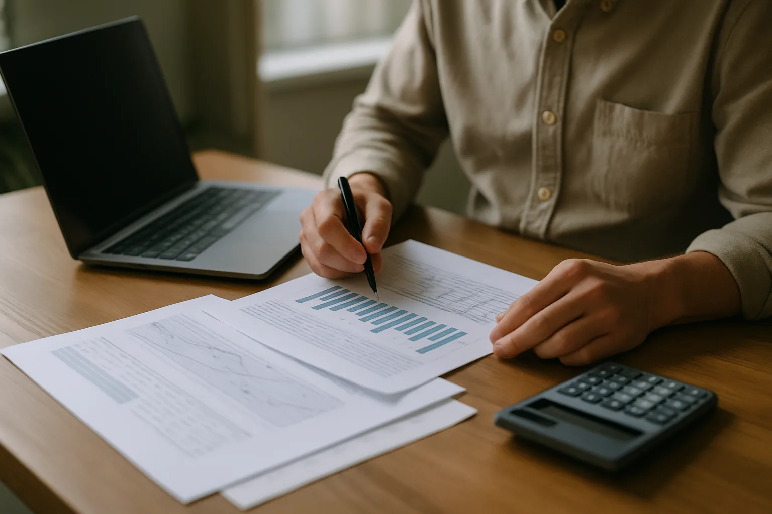 Un dirigeant de PME examine un tableau de trésorerie près d’un ordinateur et d’une calculatrice.