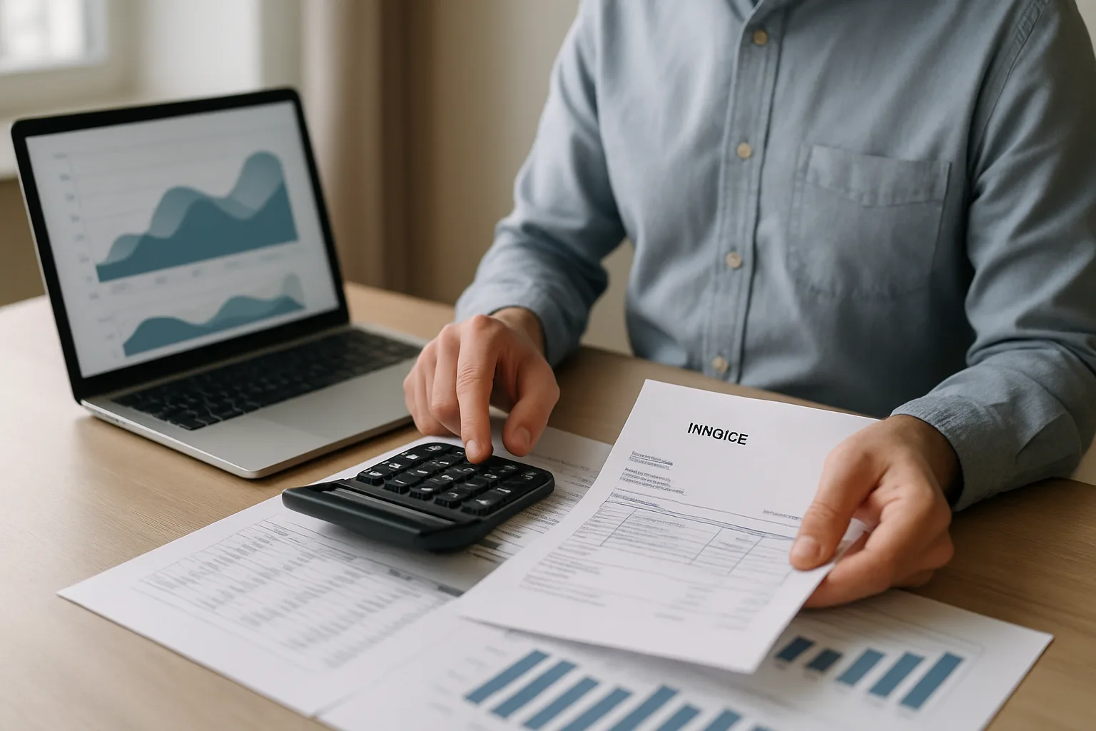Documents de facturation et calculatrice sur le bureau d’une petite entreprise.