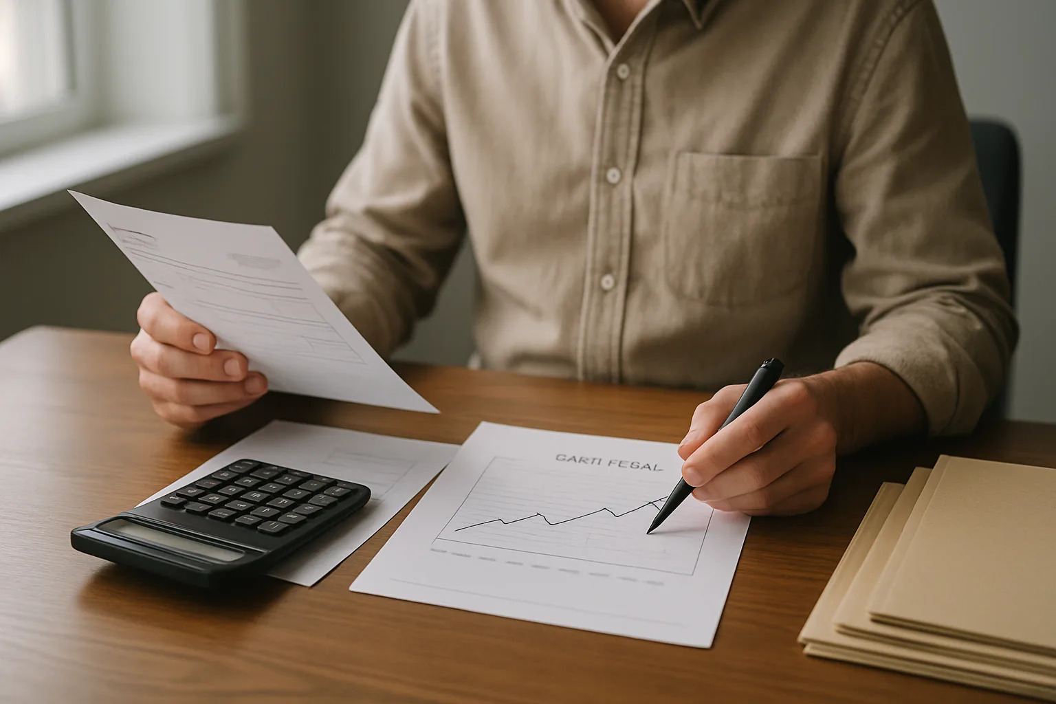 Un dirigeant de PME examine des factures et des documents financiers à son bureau.