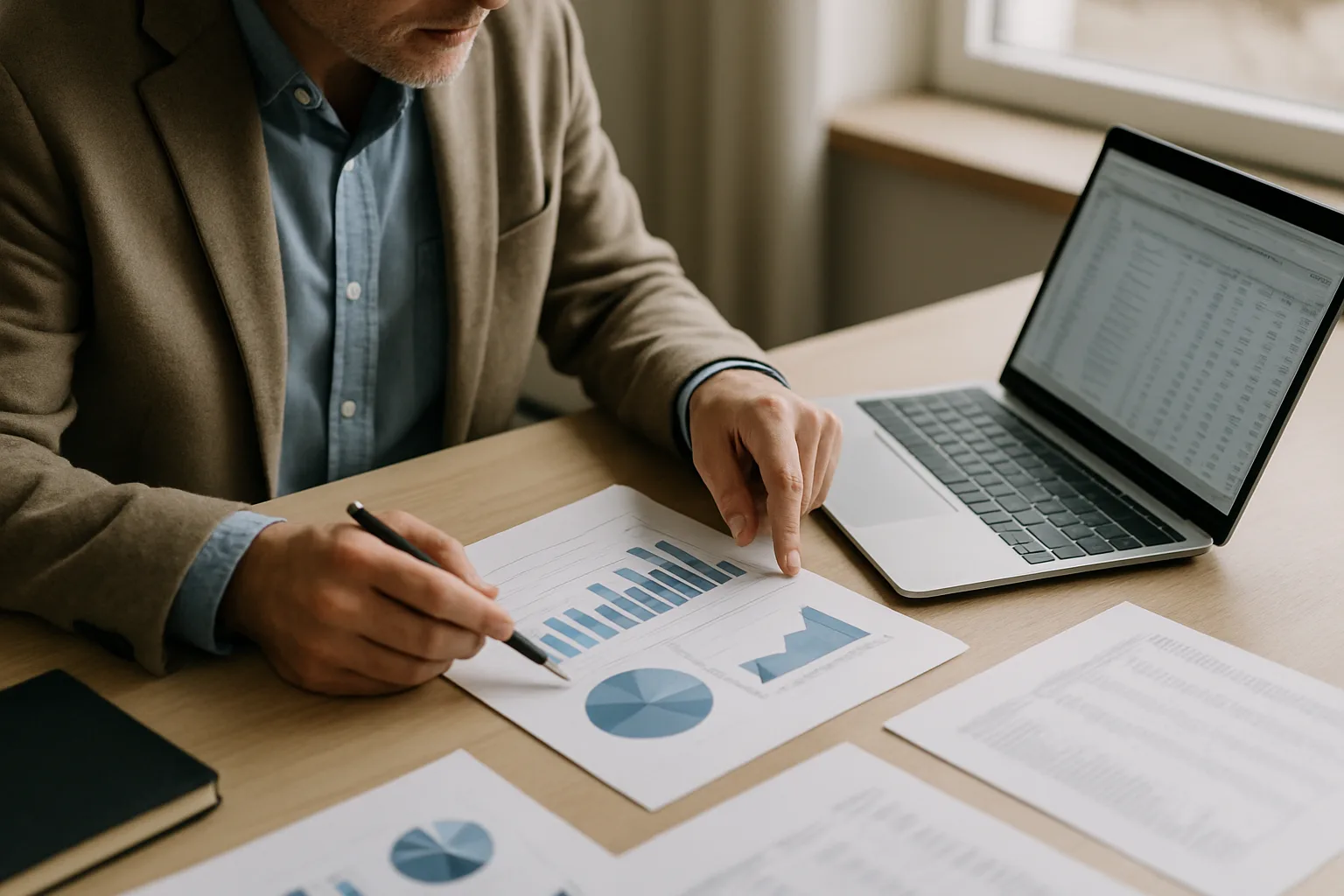 Un dirigeant de PME examine un tableau de bord financier sur son ordinateur et des documents budgétaires.