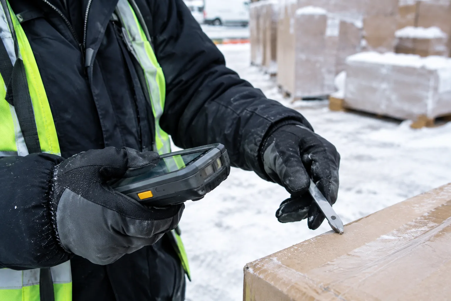 Des mains gantées manipulent un terminal de scan et un outil sur un site logistique par temps froid.