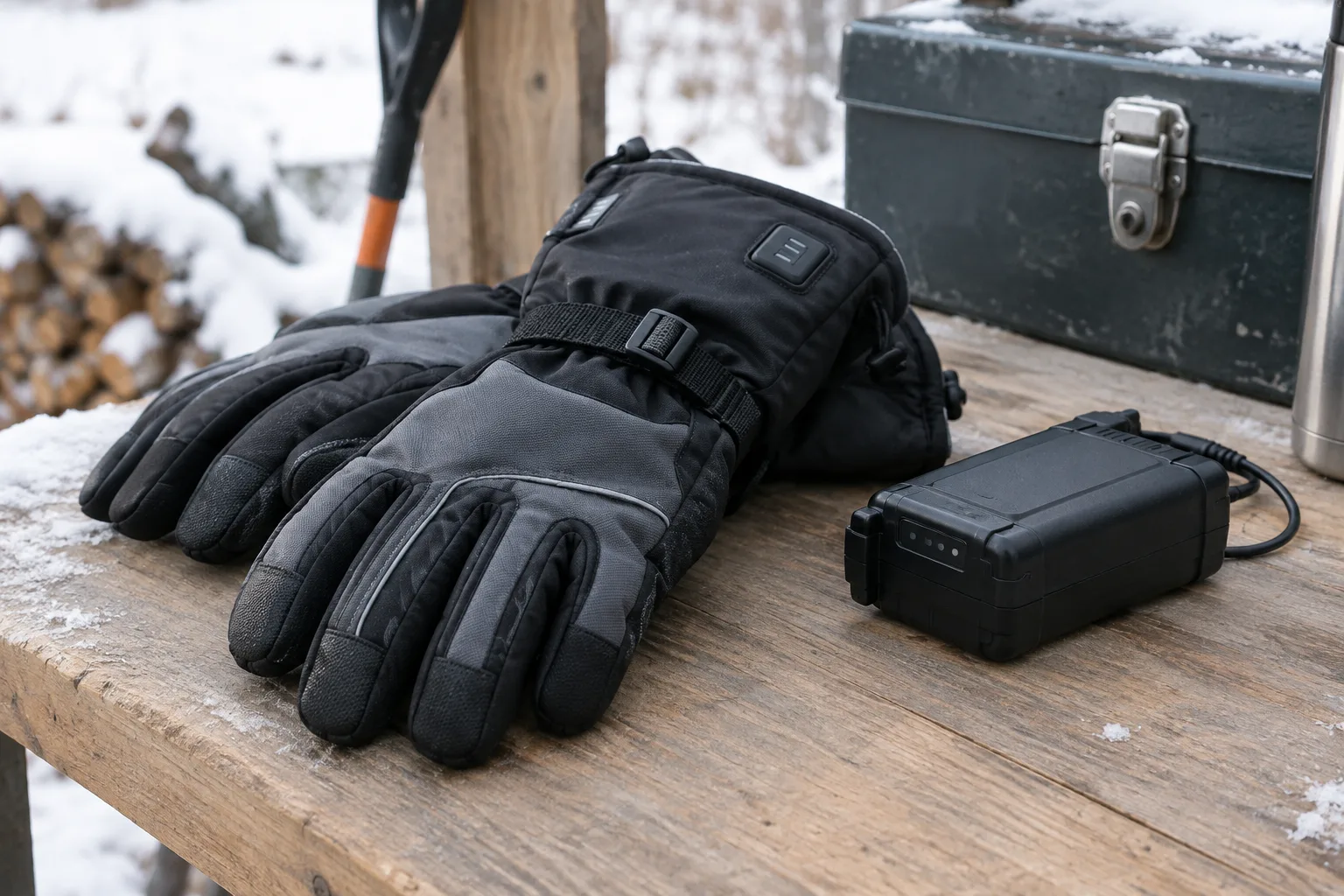 Une paire de gants de travail isolants posée près de batteries rechargeables sur un établi extérieur en hiver.