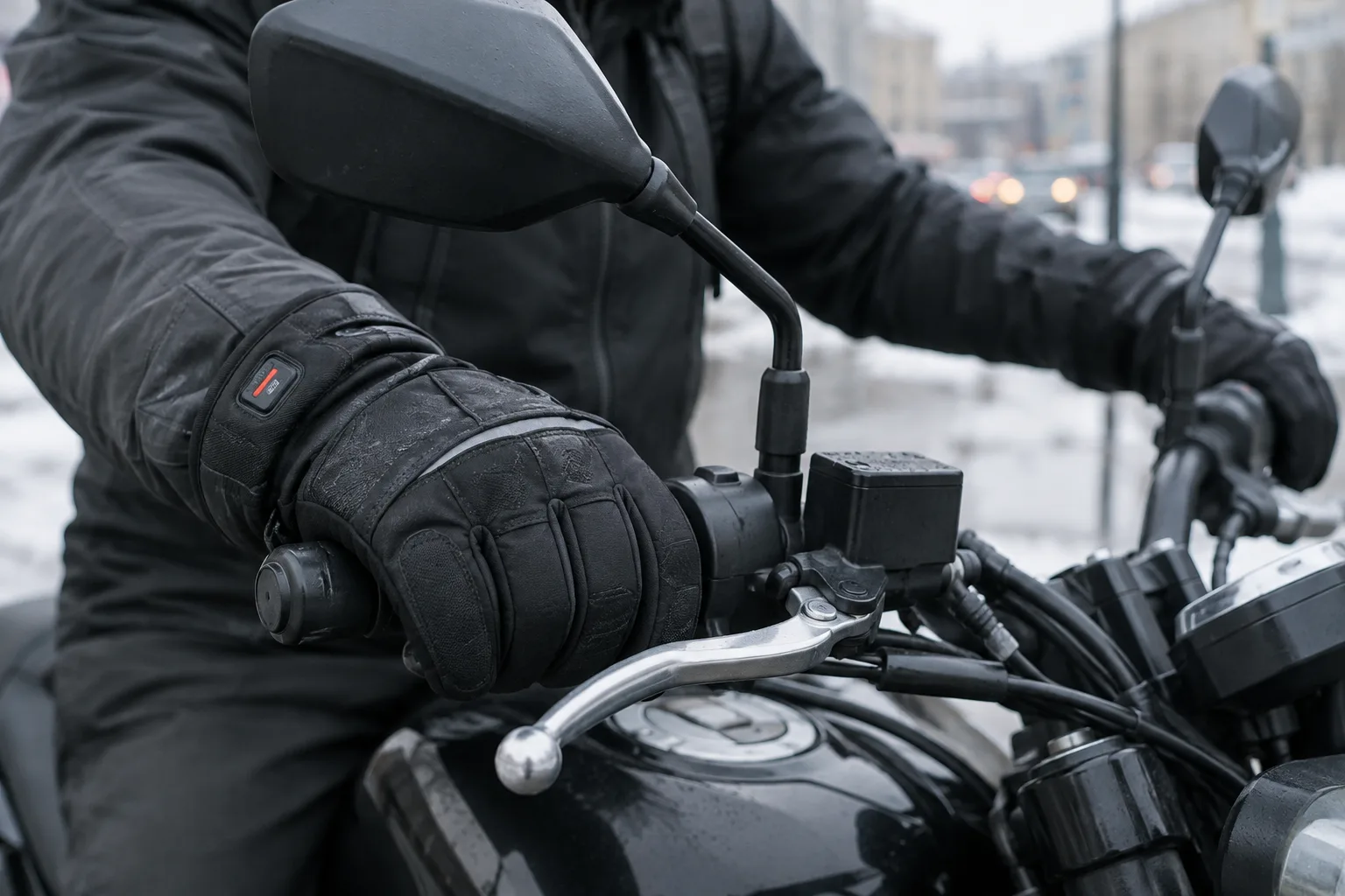 Des mains gantées tiennent le guidon d’une moto par temps froid.