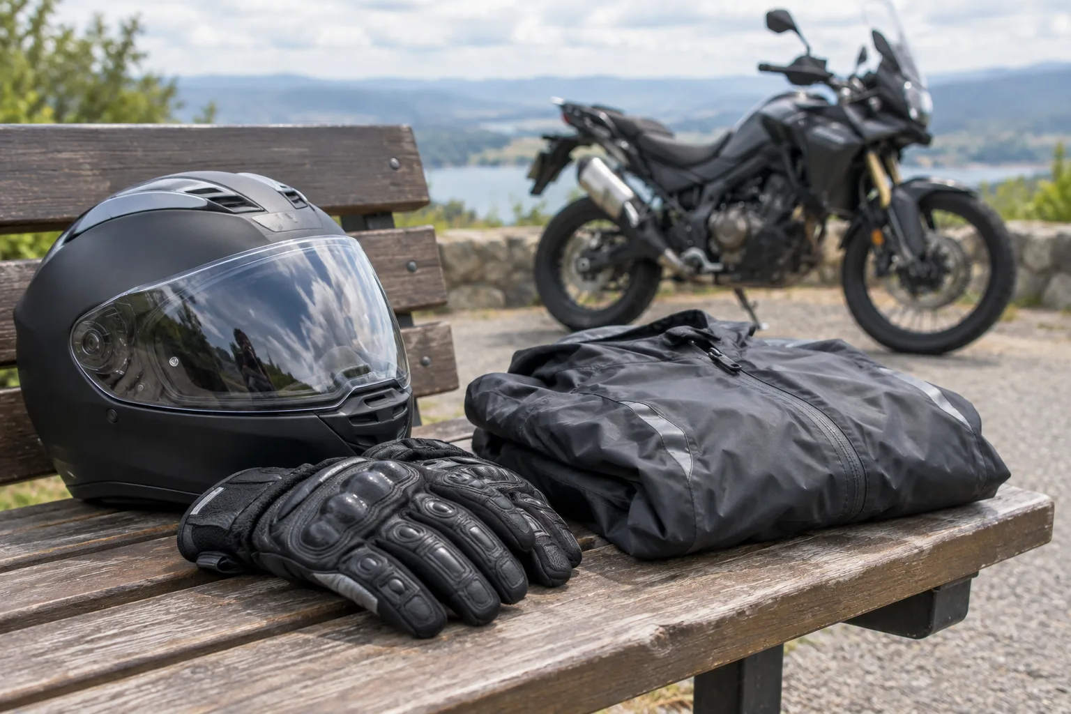 Gants, casque et veste de pluie préparés à côté d’une moto.