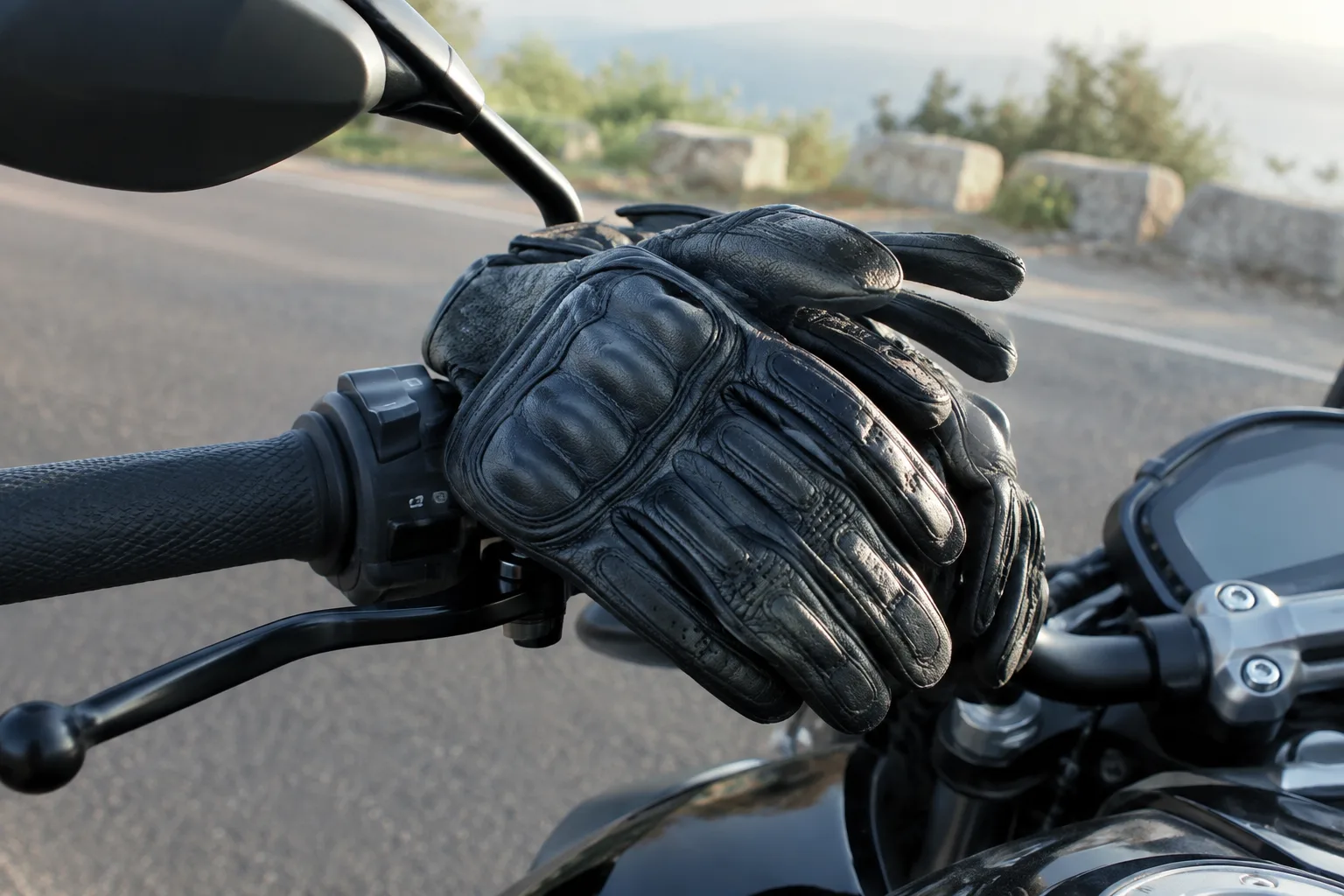 Paire de gants de moto posée sur le guidon d’une moto.