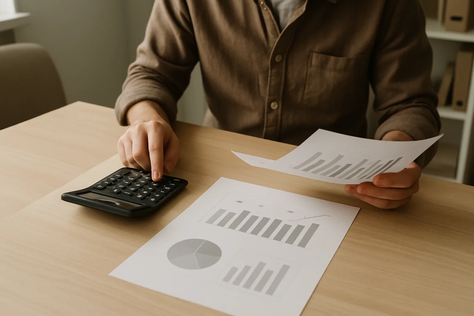 Des documents financiers et une calculatrice disposés sur le bureau d’une petite entreprise.