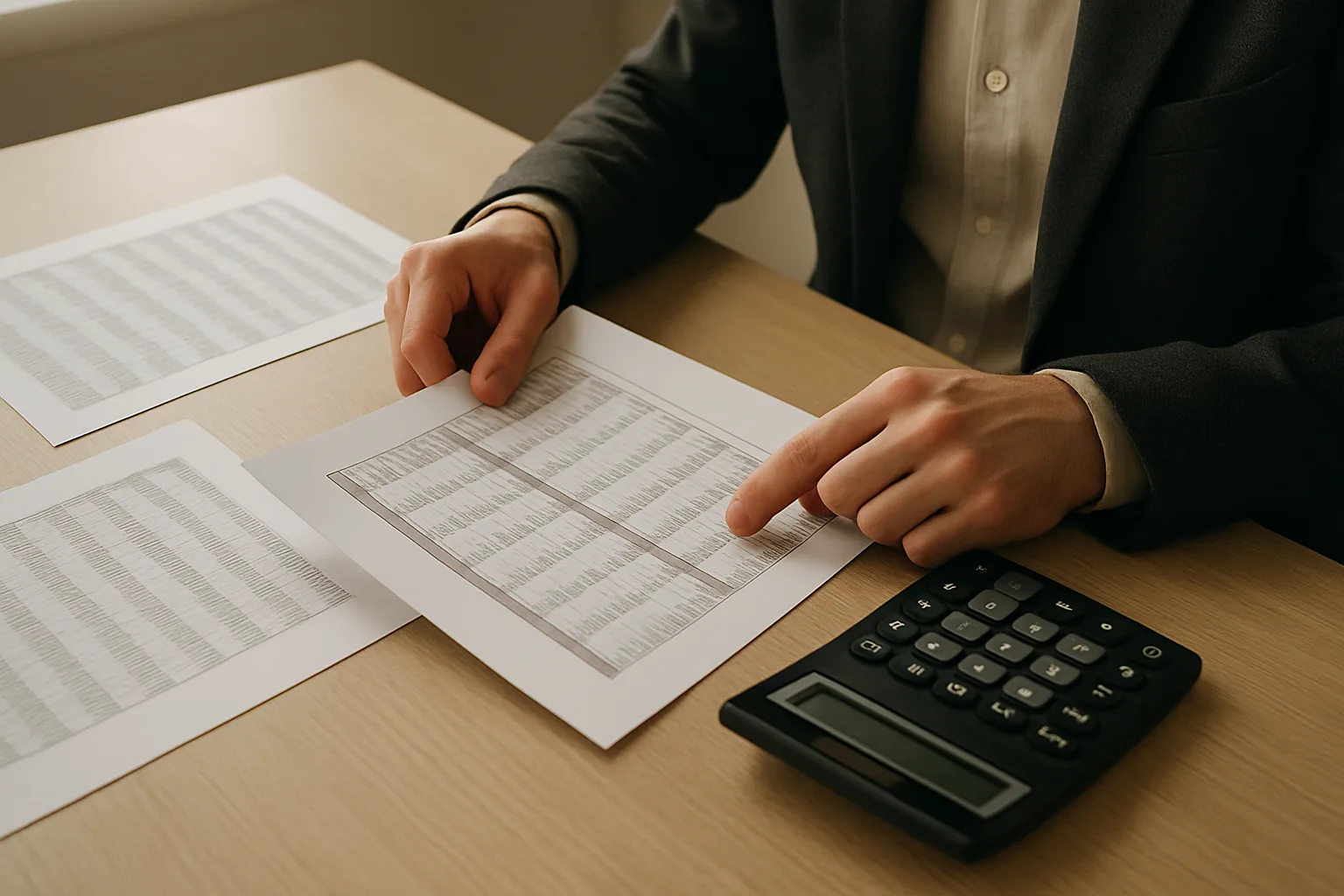 Des mains consultent un prévisionnel de trésorerie à côté d’une calculatrice sur un bureau.