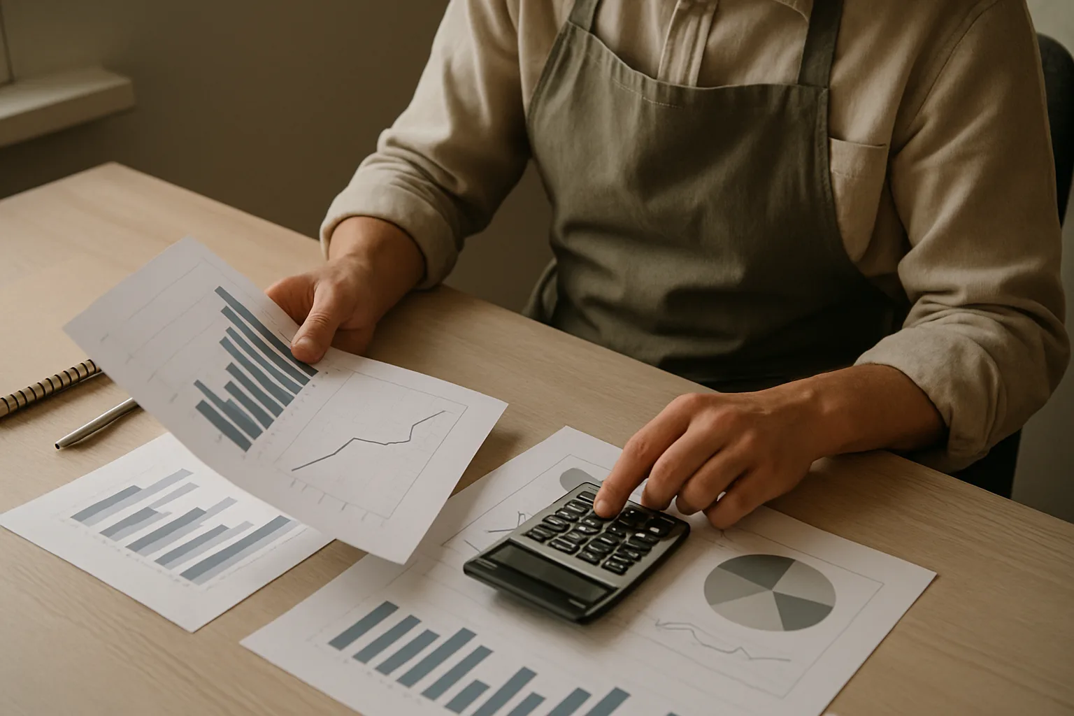 Documents financiers et calculatrice posés sur le bureau d’une petite entreprise.