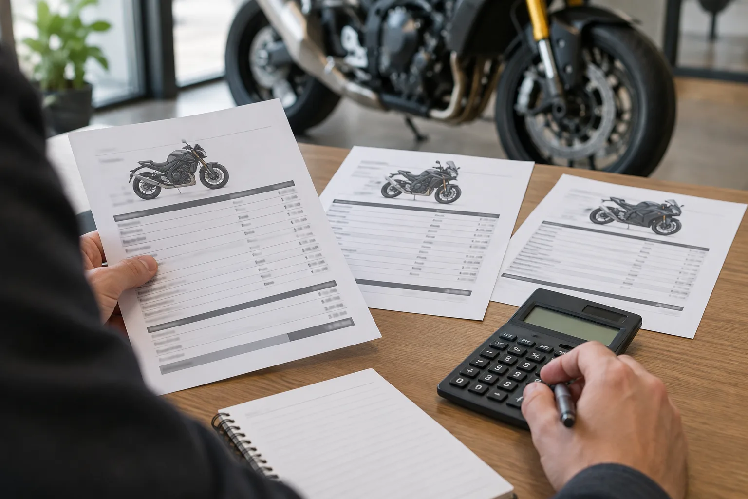 Des devis moto et une calculatrice posés sur un bureau, avec une moto en arrière-plan.