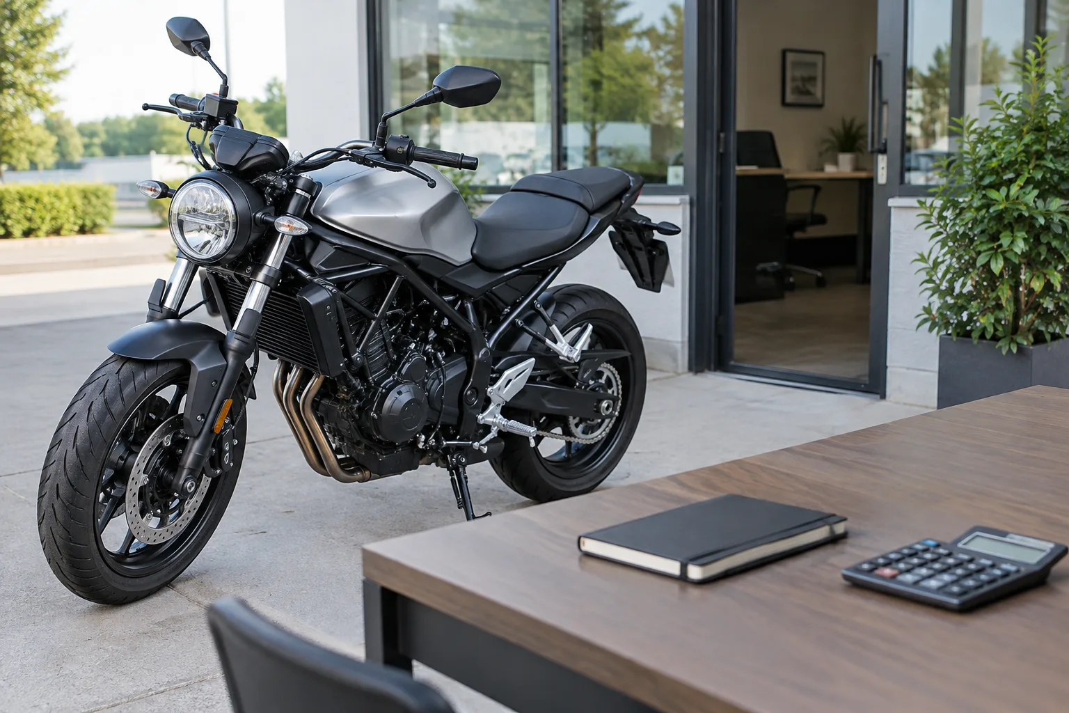 Une moto devant un bureau, avec un carnet et une calculatrice évoquant l’évaluation d’un achat professionnel.